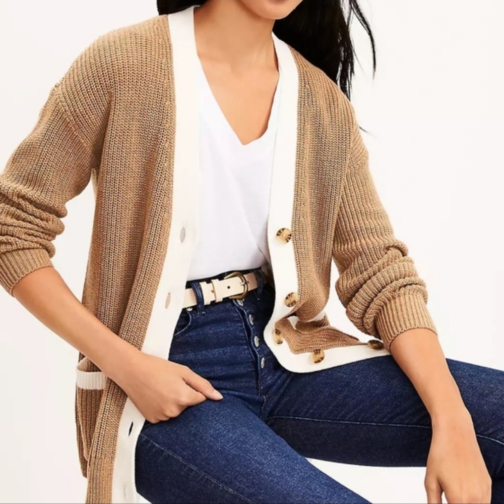 Tan Cream Knit Boyfriend Cardigan Pockets 100% Cotton Button Up Sweater Medium